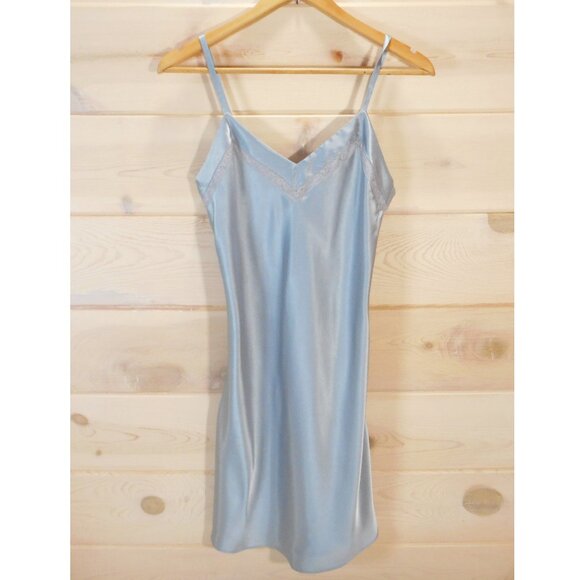 Jones New York Short Slip Dress Size S Lingerie Satin Silky Ice Blue-Gray Lace - Picture 1 of 10